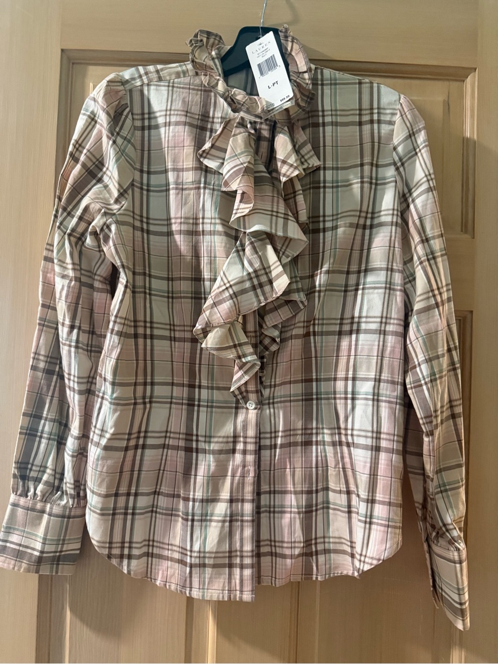 Lauren Ralph Lauren Girls Plaid Ruffle-Front Button Blouse in Pink and Cream